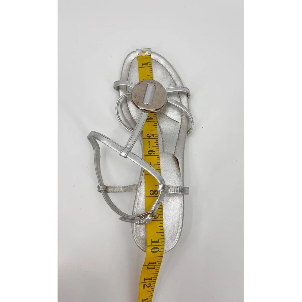 B5 Prada Metallic Leather Wedge Sandals 9.5 Silver T-Strap Medallion Strappy - Picture 13 of 14